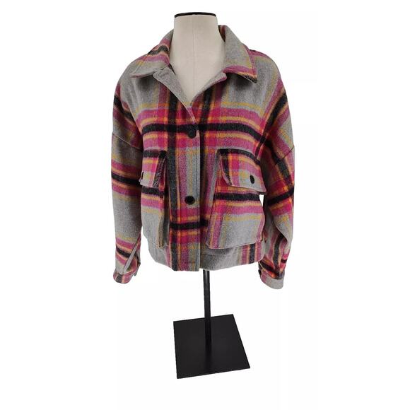 So Cropped Plaid Shacket Pink/Gray - M - Picture 4 of 8